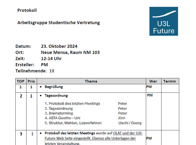Protokoll der Arbeitsgruppe vom 6.11.24